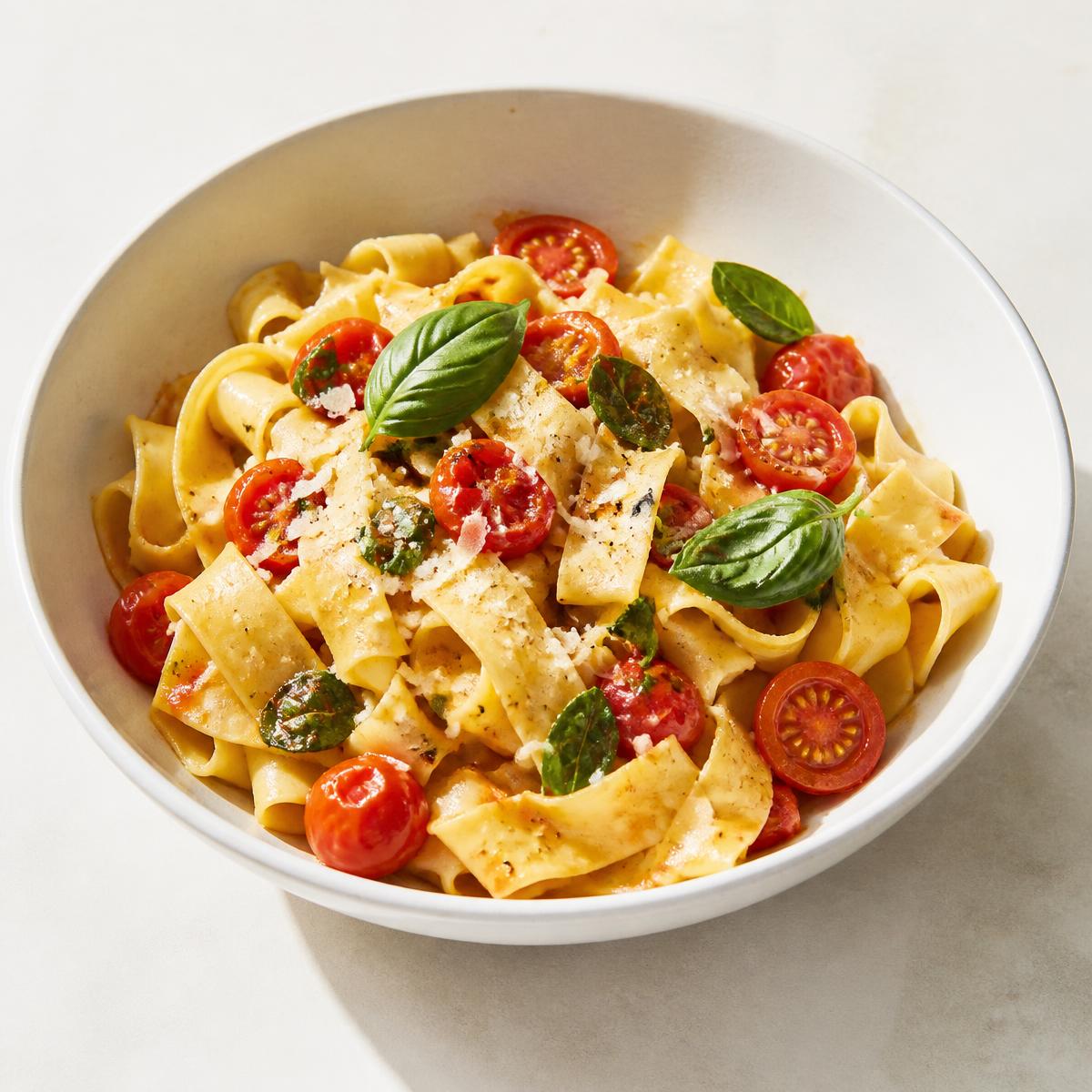 Fresh pasta with tomatoes and basil in a white bowl