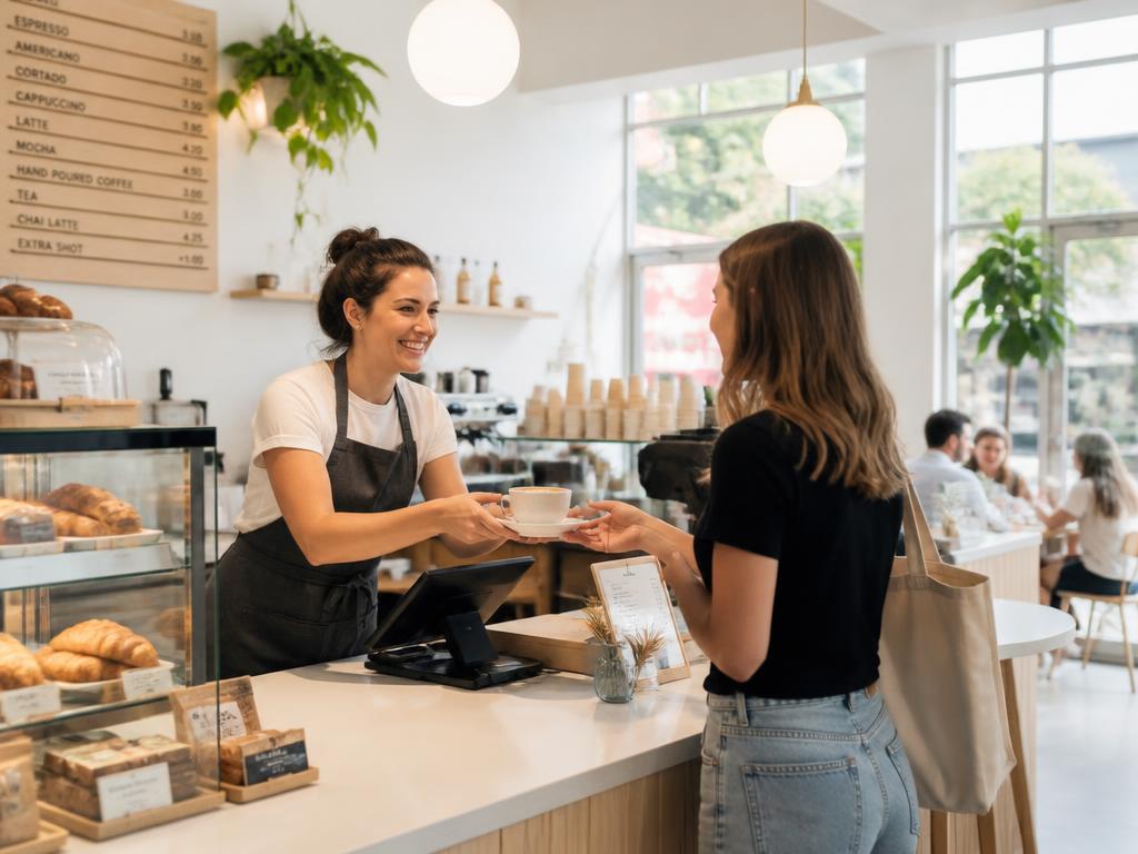 Barista handing a coffee to a customer in a bright café